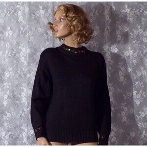 Vintage 80s Fancy Sweater 1980s Black & Silk Long Sleeve New Wave Size Large